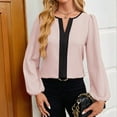 thumbnail image 3 of Womens Tops Dressy Casual V Neck Color Block Business Casual Blouses Long Sleeve Work Shirts Fall Trendy Clothes Pink L, 3 of 8