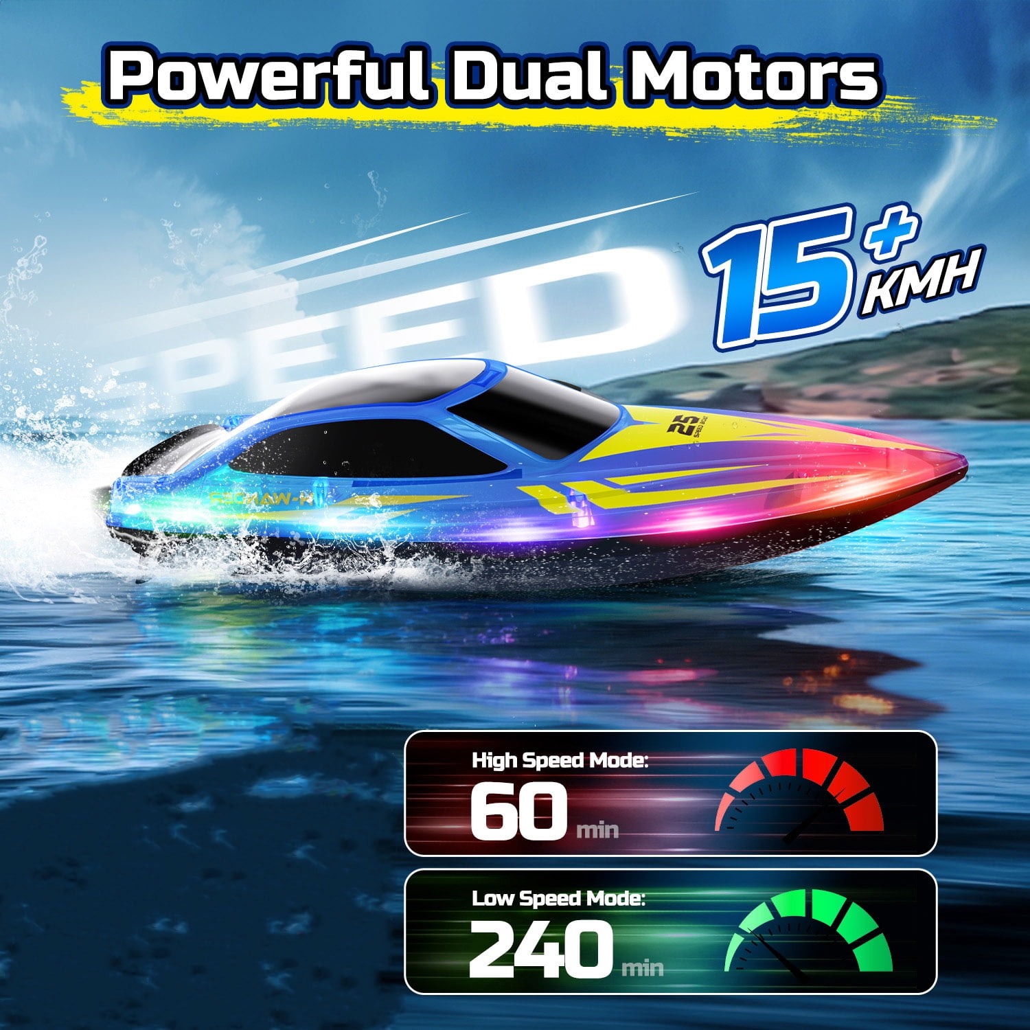 JoyStone 10 Inch RC Boat with 7-Mode Colorful LED Lights, 3 Speed Modes, 2 Batteries 60Mins, Pool Toys for Adults & Kids