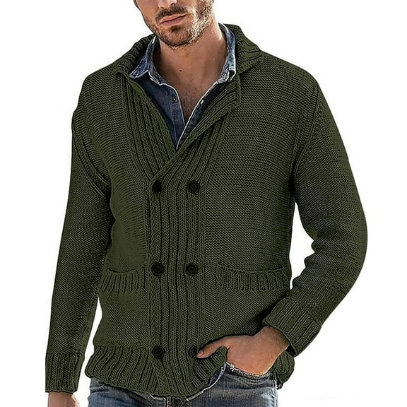Men's Shawl Collar Cardigan Fashion V-Neck Solid Color Double Breasted Knit Top Casual Long Sleeve Ribbed Pocket Jacket (Army Green 3XL)