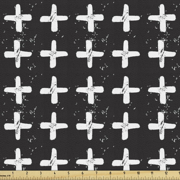 Ambesonne Modern Fabric by the Yard Upholstery, Hand Drawn Plus Sign Pattern, 5 Yards, Charcoal Grey and White