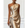 thumbnail image 3 of Women's Satin One-Shoulder Midi Dress, Ruched Waist Draped Formal Cocktail Party Dress, Elegant Evening Gown, S-2XL, 3 of 5