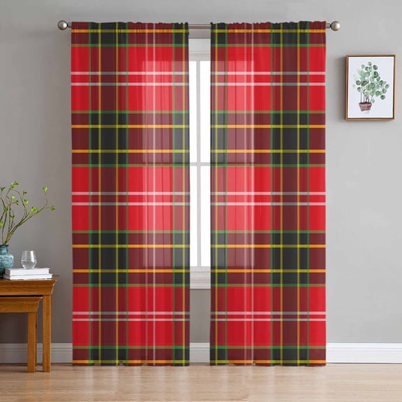 Red Green Pladi Sheer Curtains 72 Inches Long, Winter Christmas Striped Plaid Light Filtering Window Curtains for Living Room/Bedroom, Rod Pocket Voile Sheer Curtain Drapes, 52"W x 72"L, 2 Panels
