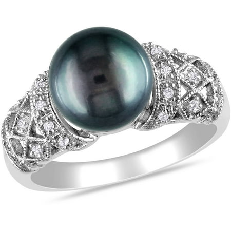 9mm-9.5mm Black Round Tahitian Pearl and Diamond-Accent 14kt White Gold Cocktail Ring