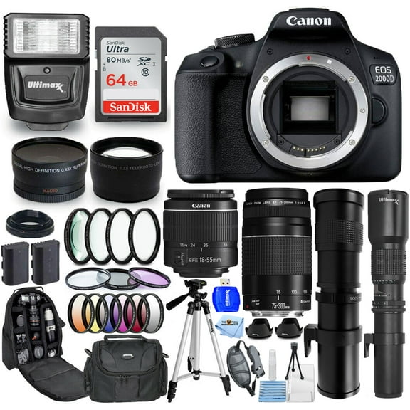 Canon EOS 2000D/Rebel T7 18-55mm III   75-300mm   500mm   420-800mm - 64GB Kit