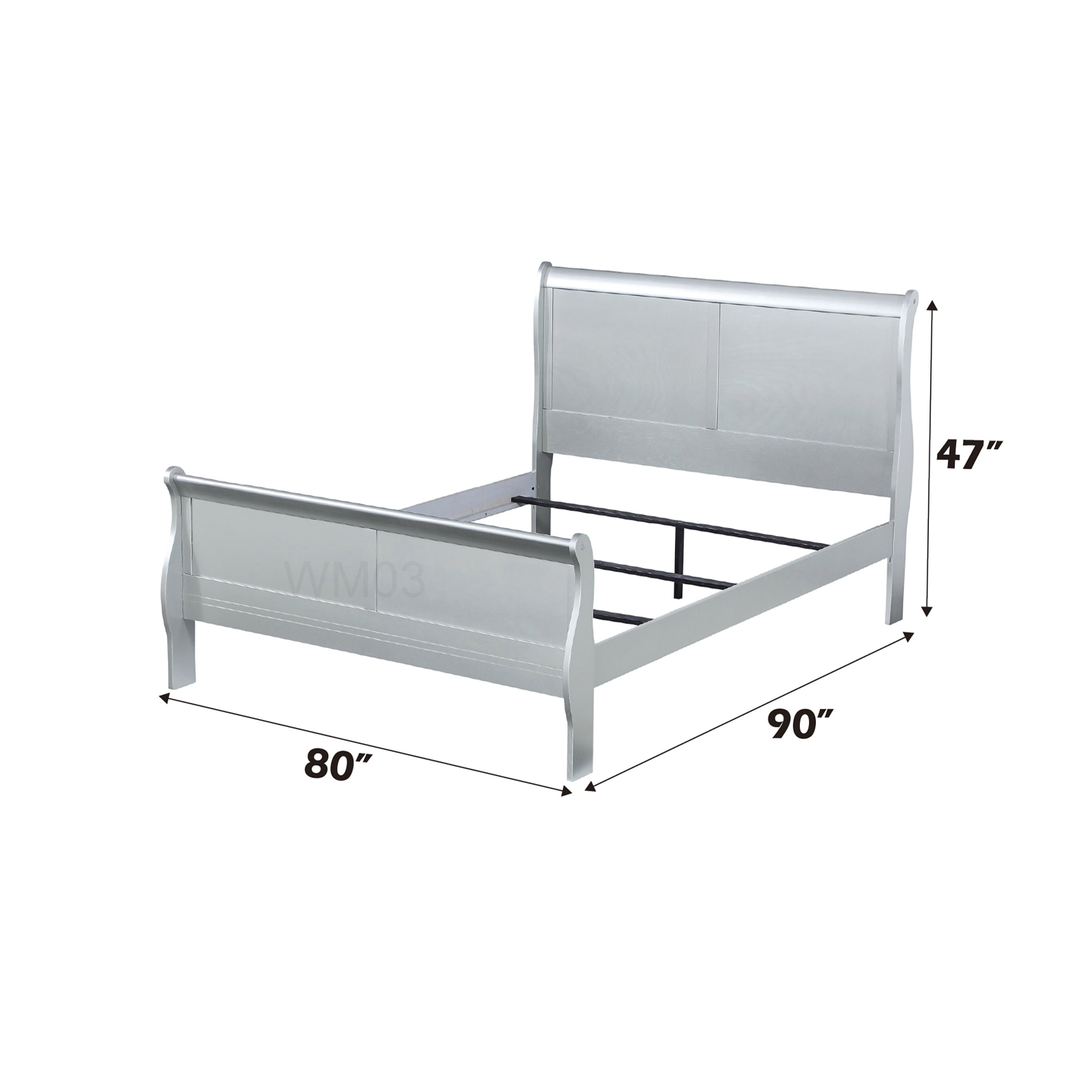 Modern King Size Bed Frame with Platinum Finish, Low Profile Sleigh Design and Built-in Slats, No Box Spring Needed Platform Base for Master Bedroom