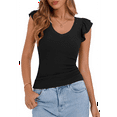thumbnail image 2 of Womens Summer V Neck Ruffle Sleeveless Slim Fit T-Shirts Black S, 2 of 7