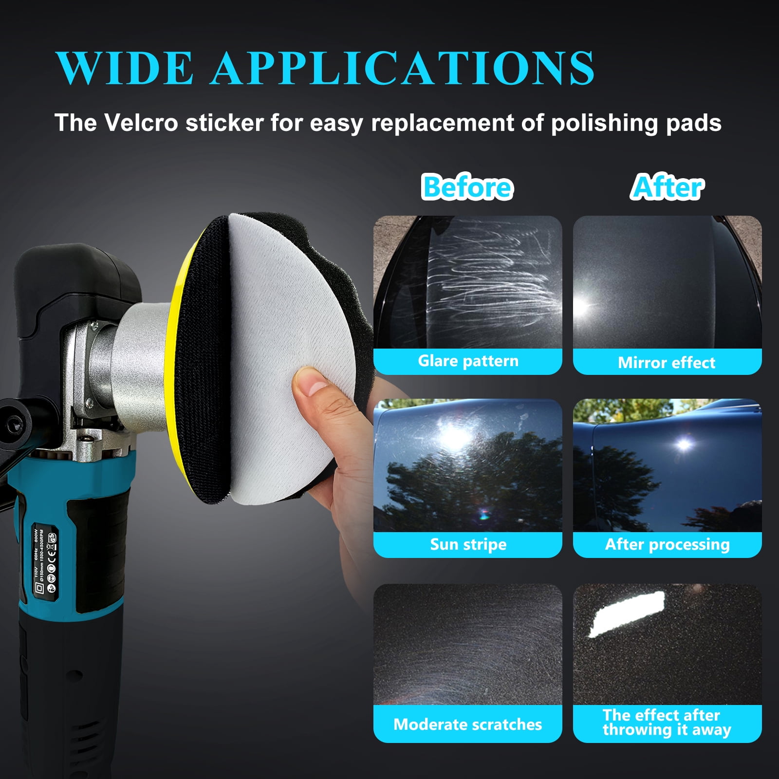 iMeshbean 6-Inch 800W Car Polisher, 6 Variable Speed 8mm Dual Action(DA) Random Orbit Car Buffer Polisher Sander with Handle, Car Detailing Waxer Kit, 4600RPM, Sanderpaper for Car Polishing&Waxing