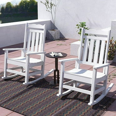 HUJAUU Patio Rocking Chair Set of 2, Weather Resistant Outdoor Porch Rocker, Garden Slat Rocking Chairs, White
