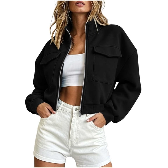 aohooy Cargo Bomber Jacket Women Cropped Oversized Fall Coat Full Zip Up Stand Collar Long Sleeve Lightweight Jackets with Pocket Black,M