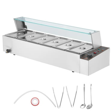 KFFKFF 6-Section Electric Food Heating Station, 6 x 5QT, 1500W, Stainless Steel Countertop Buffet Server with Glass Lid, Temperature Adjustable 86-185°F for Catering and Dining, Silver