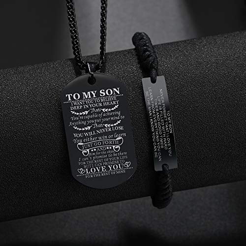ButiShop Son Gift Personalized Braided Bracelet from Mom and Dad with Dog Tag Necklace You Will Never Lose Birthday Graduation Valentines Gifts Black Stainless Steel
