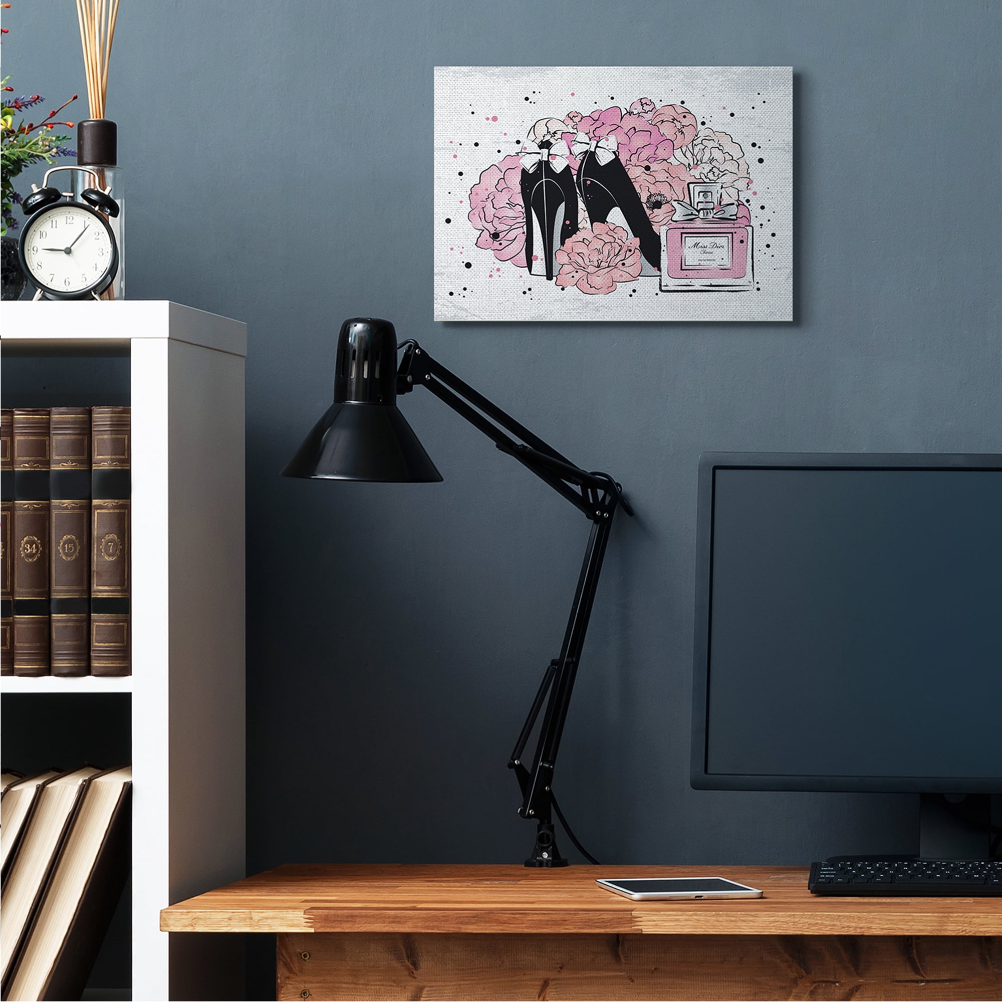 Stupell Industries Glam Pink Peonies Black Fashion Bow Heels Beauty & Fashion Painting Gallery Wrapped Canvas Art Print Wall Art, 16 x 20