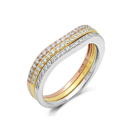 - DTLA Set of 3 Sterling Silver Stackable Curved Cubic Zirconia Half Eternity Band Rings - Size 10
