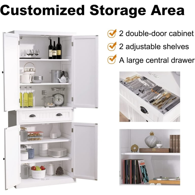 kepptory 72” Pantry Cabinets, White Tall Kitchen Pantry Storage Cabinet with Drawer & Adjustable Shelves, Buffet Cupboards Storage Cabinet for