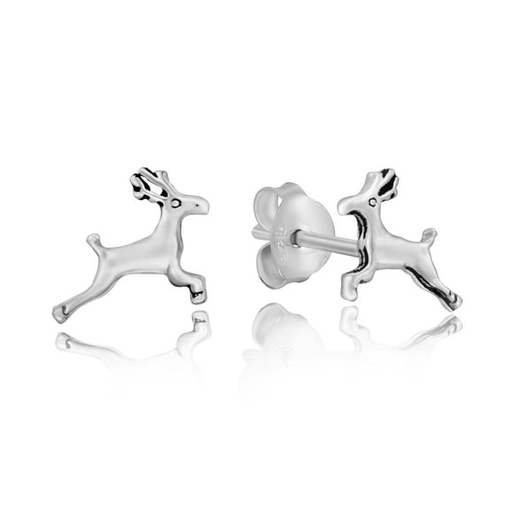 Leaping Nature Deer or Festive Holiday Reindeer Sterling Silver Stud Earrings