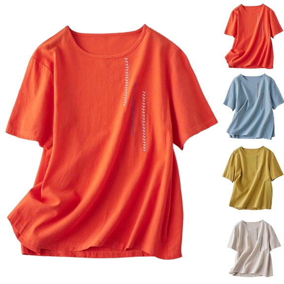 Ailaofu Women's Cotton Linen Short Sleeve T-Shirt Fashionable Embroidered Loose Retro Round Neck Top Versatile Casual Shirt