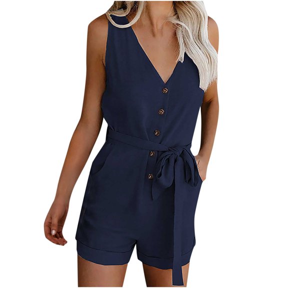 biudgviw Rompers for Women Boho One Piece V Neck Sleeveless Tank Top Jumpsuits Button Tie Knot Waisted Summer Beach Outfits with Pockets