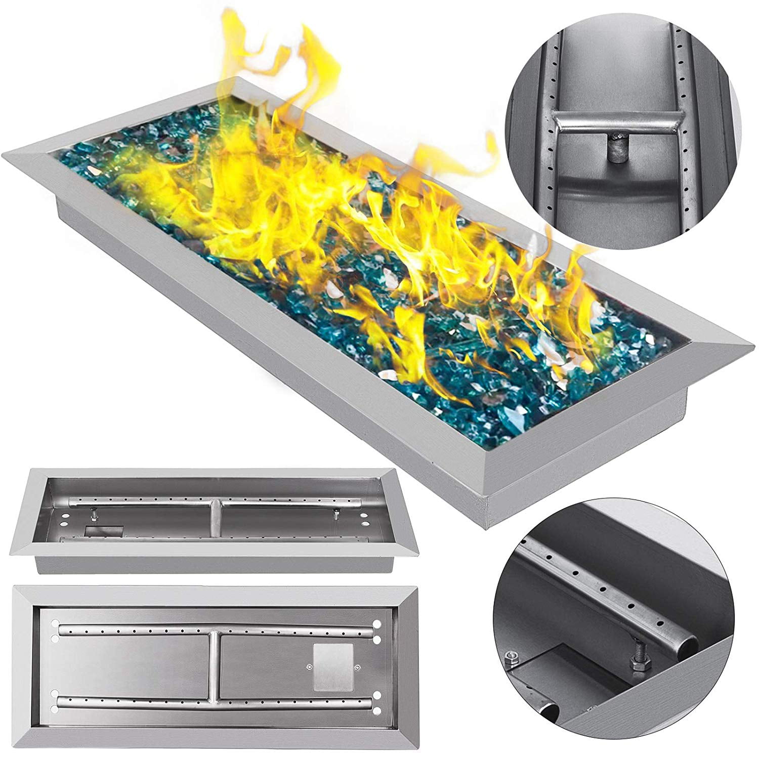 90k BTU Double Burner VEVOR 31.5x12 Inch Fire Pit Pan Stainless Steel Linear Trough Drop-in Fire Pit Pan Rectangular Table Top Fire Pit Fire Bowl 