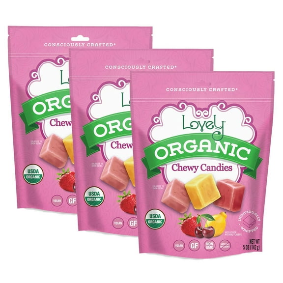 Lovely Candy Organic Chewy Candies 5oz (3-pack) | Strawberry, Lemon, & Cherry | Vegan, Gluten Free, Non-GMO, No Artificial Ingredients