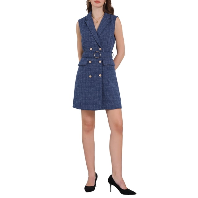 INSPIRE CHIC Vestido sin mangas de tweed para mujer con cuello, cinturón y botones, vestido de trabajo, talla S