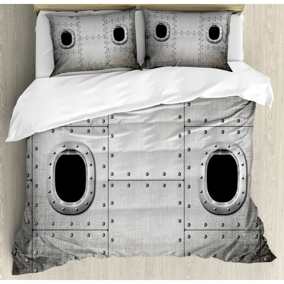 Vintage Airplane Duvet Cover Set, Airplane Windows Close up Image Detailed Steampunk Style Illustration, Decorative 3 Piece Bedding Set with 2 Pillow Shams, Calking Size, Grey Black, by Ambesonne