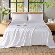 Baauye Cozy Bamboo Sheets Set, 4-Piece Queen Sheet Set with 16 Deep Pockets, Soft and Breathable Bed Sheets, White