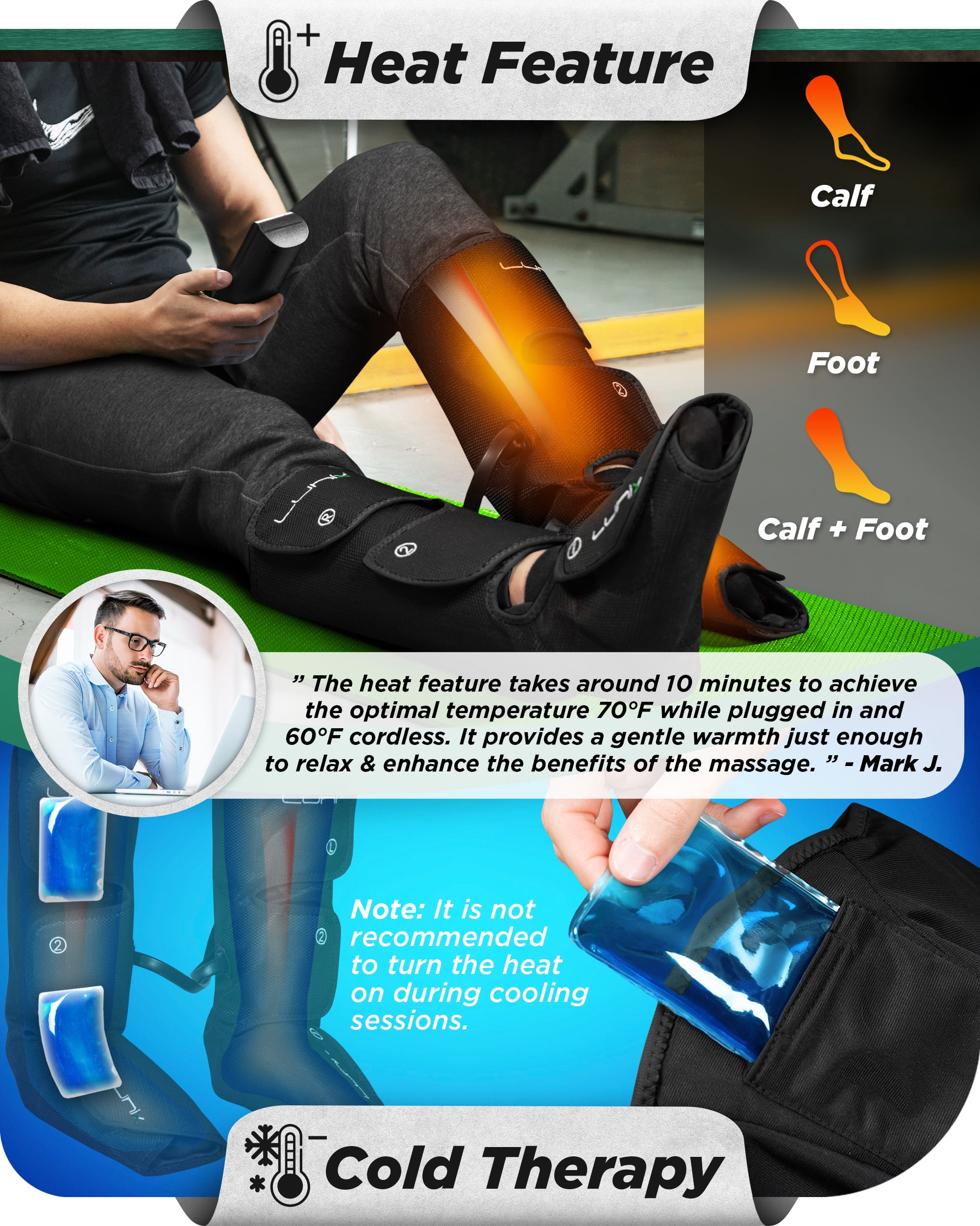 Lunix LX1 Foot and Calf Compression Massager, Cordless Rechargeable Leg Massager with Heat, Charcoal Black