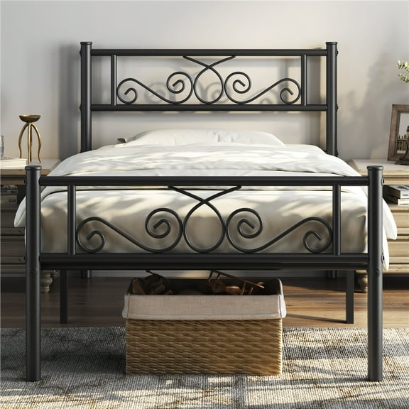 Yaheetech Metal Platform Bed Frame with Scroll Design Headboard and Footboard, Twin XL, Black