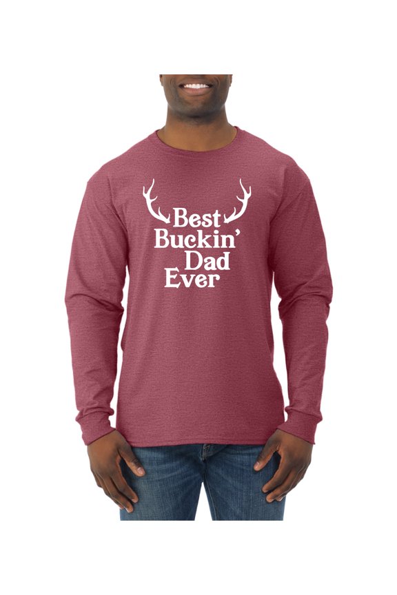 , Best Buckin Dad Ever Funny Hunting, Father's Day, Men Long Sleeve Shirt, Vintage Heather Red, X-Large