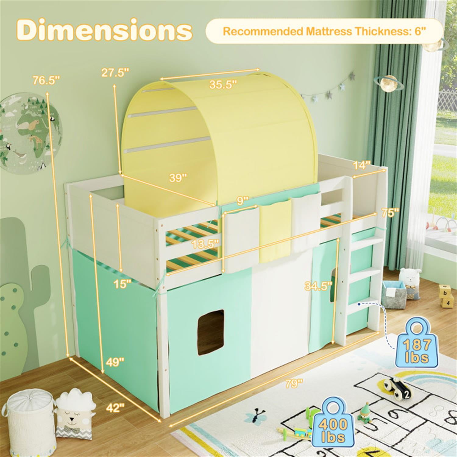 Demi Bonn Loft Bed Twin Size, Solid Wood Low Loft Bed with Tower Tent and 3 Storage Pockets, Modern Wooden Bed Frame, Green