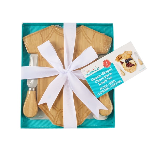Way To Celebrate 3-Piece 8 in Bamboo Onesie-Shaped Charcuterie Board Set with Cheese Knife and Cheese Fork