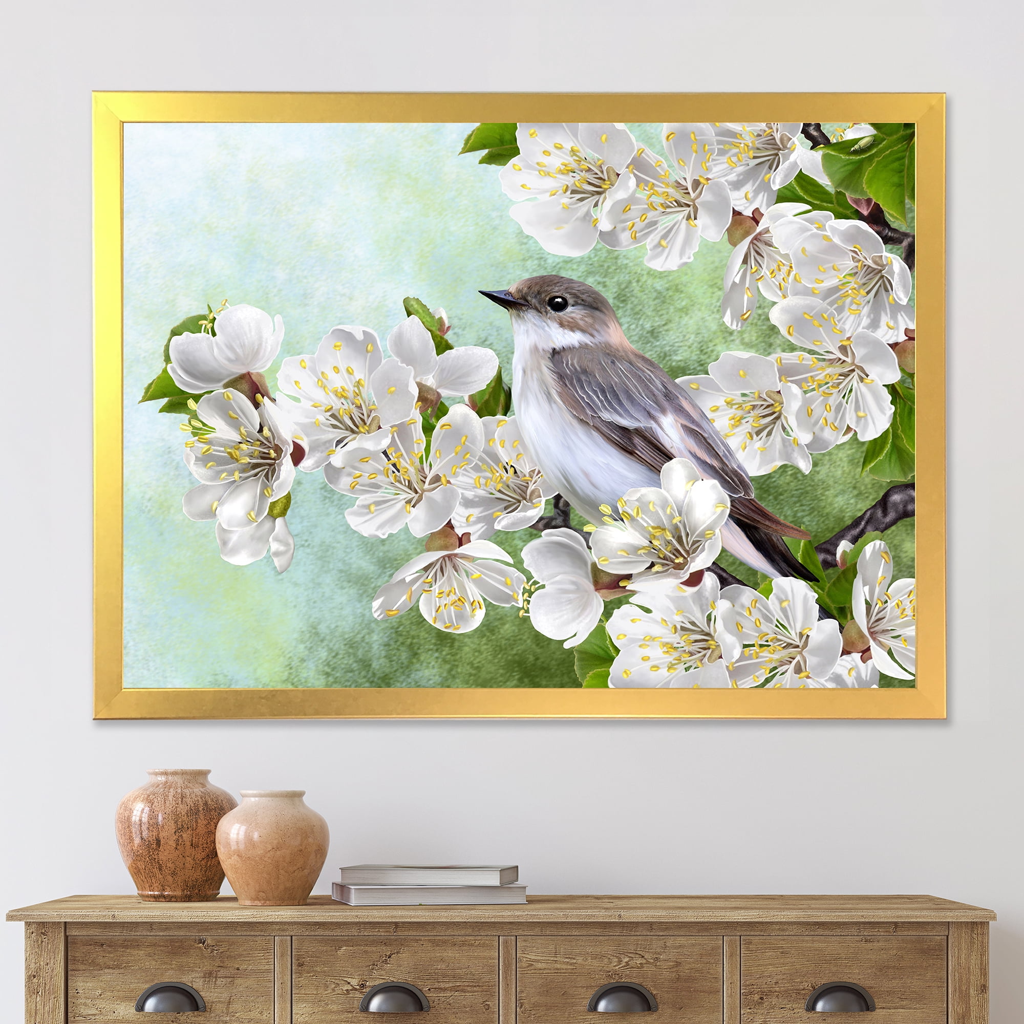Designart 'Gray Bird Sitting On A Branch of A Blossoming Tree' Traditional Framed Art Print