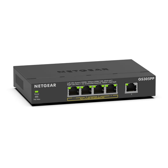 NETGEAR 5-Port Gigabit Ethernet Unmanaged PoE Switch (GS305PP) - with 4 x PoE+ @ 83W, Desktop or Wall Mount