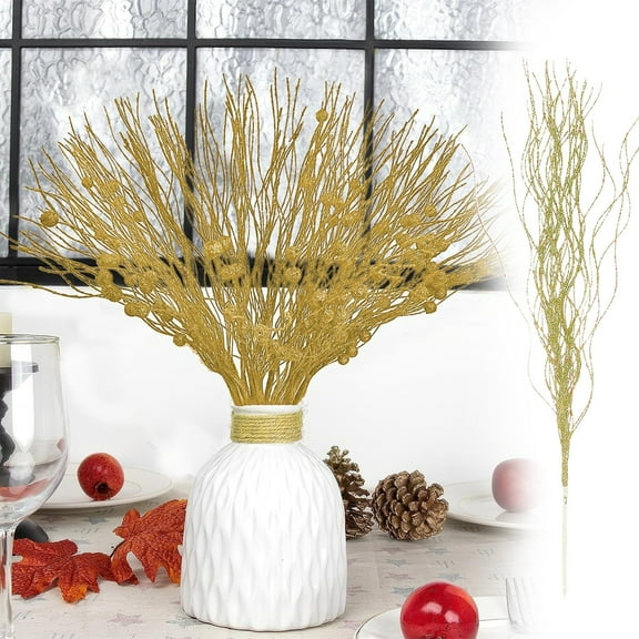 LKXGBMY Artificial Glitter Stem Ornaments, 5-Pack 16.92inch Artificial Christmas Picks for Festival Holiday Crafts and Home Xmas Decoration, Gold