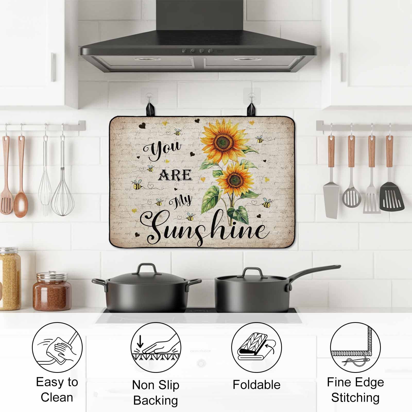 Sunflower Stove Top Cover for Electric Stove, Heat-proof & Non Slip Glass Top Stove Cover Protector, Vintage Summer Botanical Bee Spring Floral Kitchen Flat Cooktop Rubber Mat 24x21 Inches