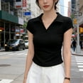 thumbnail image 5 of LNWUY Womens Short Sleeve Business Casual Tops Solid Color Slim Fit V Neck Dressy Blouses Trendy Style Collared Shirt Tees Black M, 5 of 5