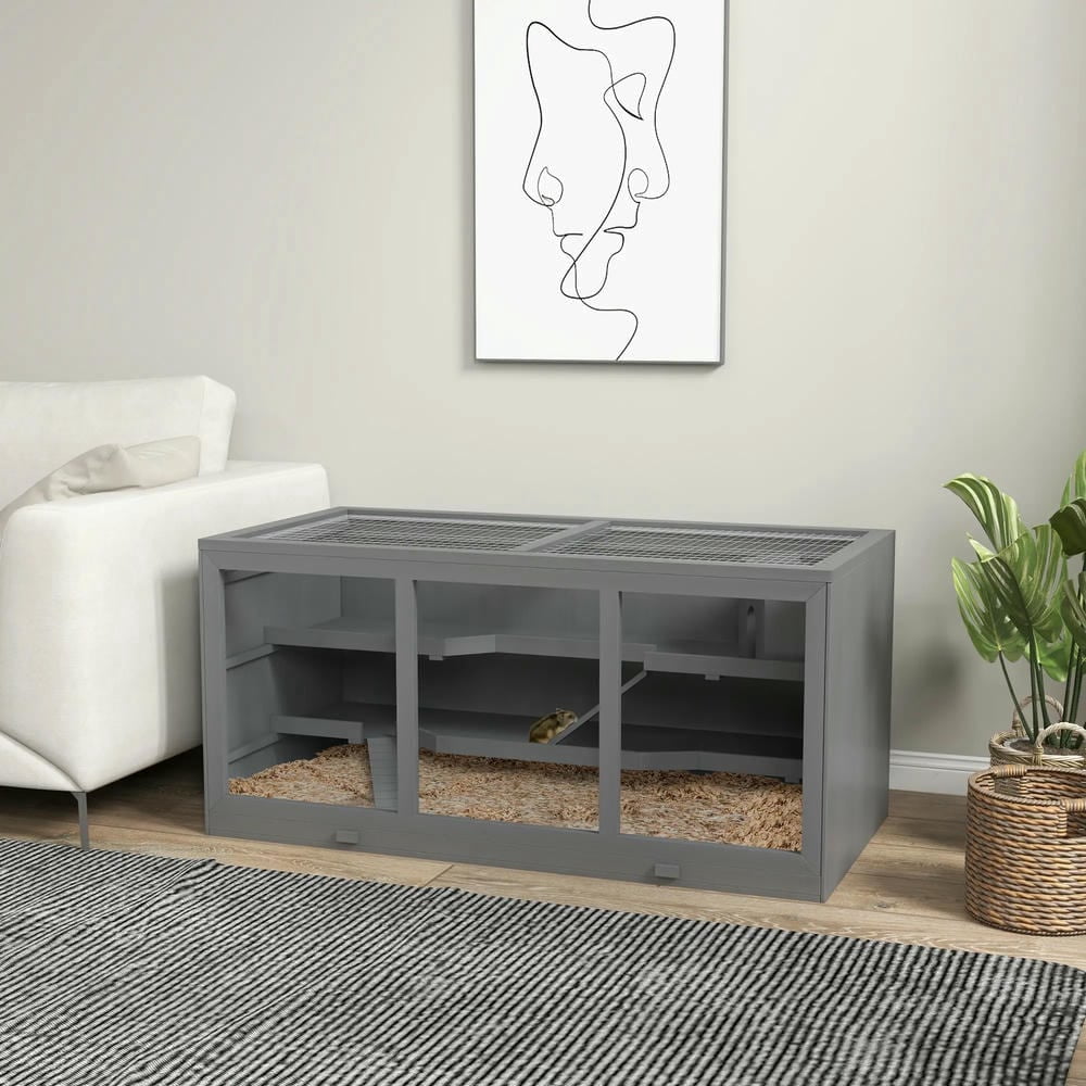 Spaco Extra Large Wooden Hamster Cage with Opening Roof, Hut, Ramps, Hamster Habitat, Gray
