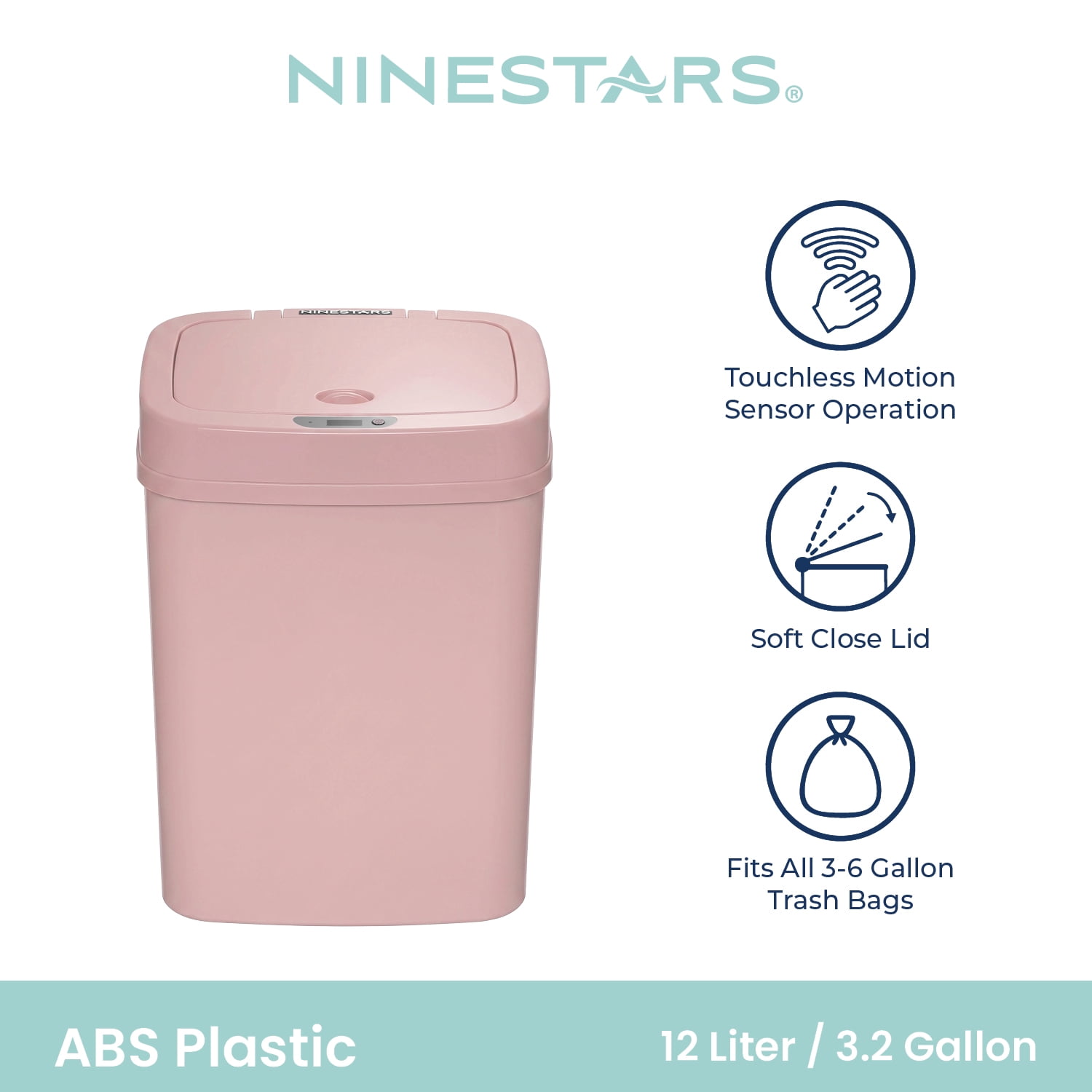 Nine Stars Automatic Bathroom Trash Can, 3.2 Gallon Plastic, Motion Sensor Soft Close Lid Garbage Bin, Pink Blush