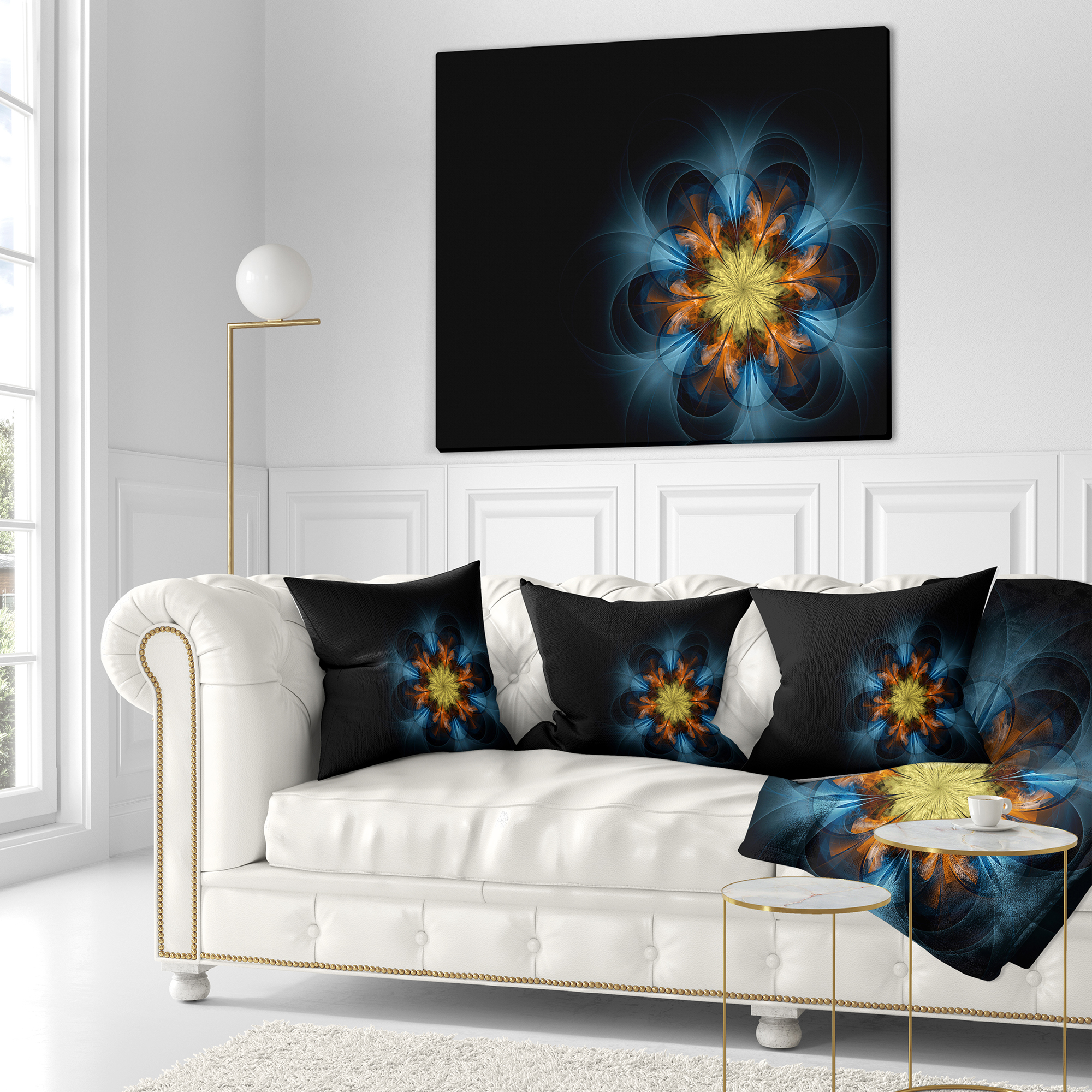 Designart Symmetrical Blue Orange Fractal Flower - Abstract Throw Pillow - 18x18