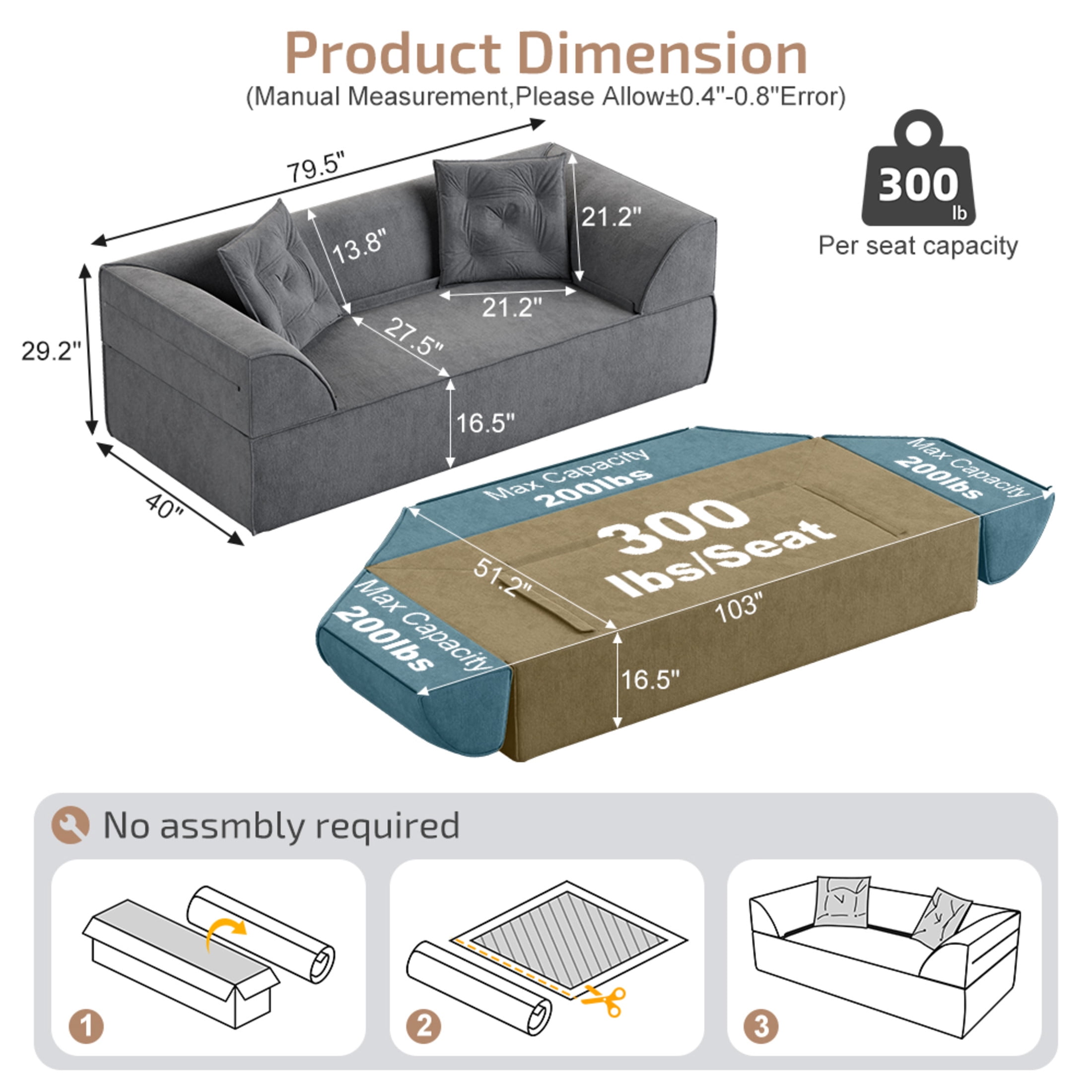 Noble House 80" 3-in-1 Convertible Sofa Bed, Sparkling Chenille Deep Seat Couch with Pillows, for Living Room, Gray