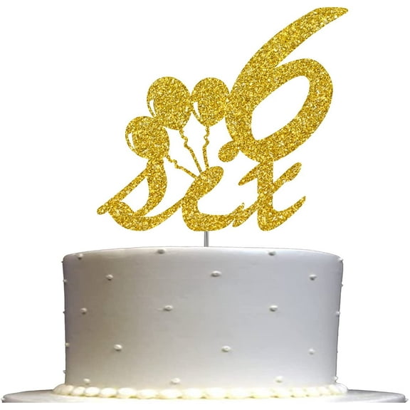 6th Birthday Cake Topper Gold Glitter, Number Six Children Birthday Party Decoration Ideas, Sturdy Doubled Sided Glitter, Acrylic Stick. Made in USA