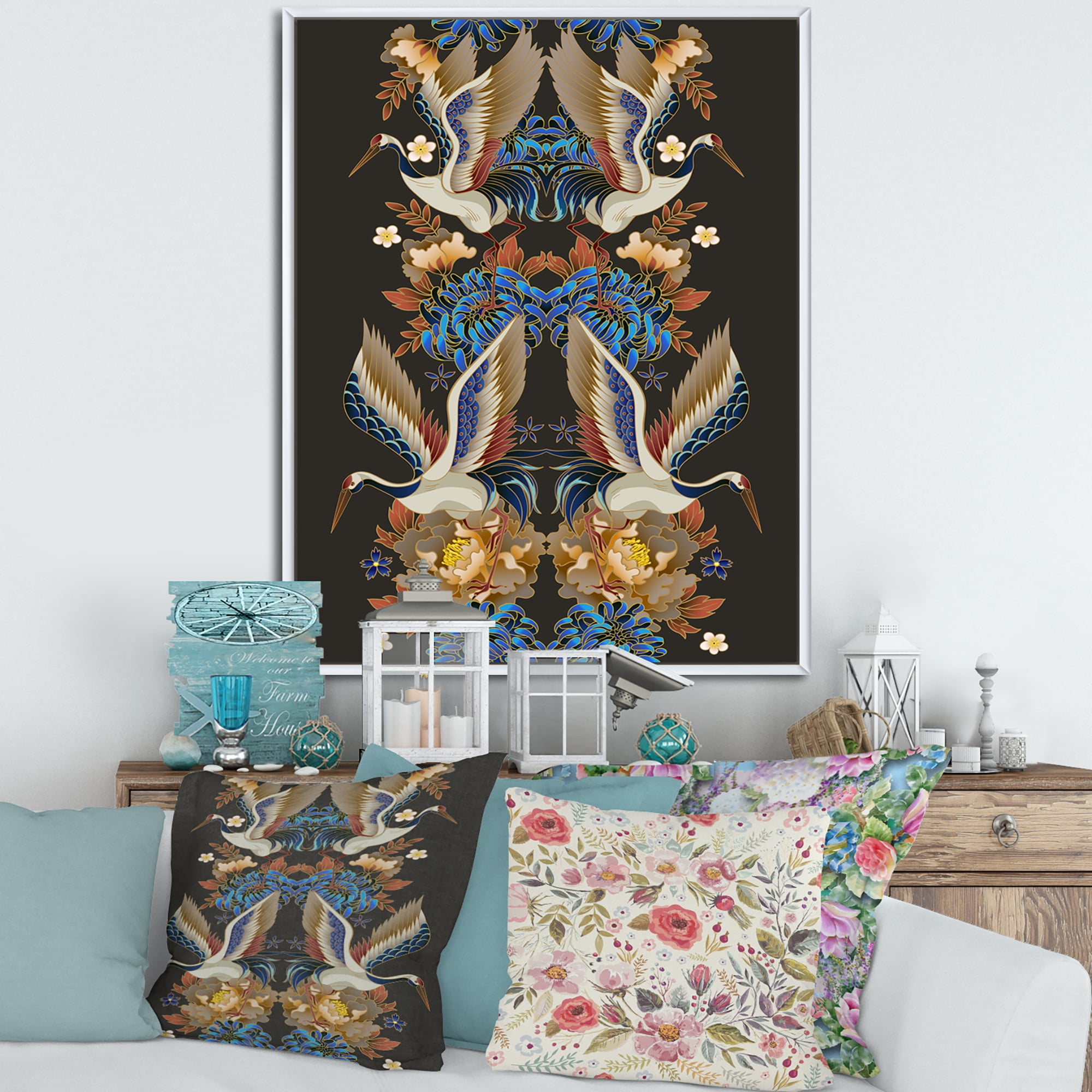 Designart 'Chinoiserie With Peonies and Birds IX' Traditional Framed Canvas Wall Art Print