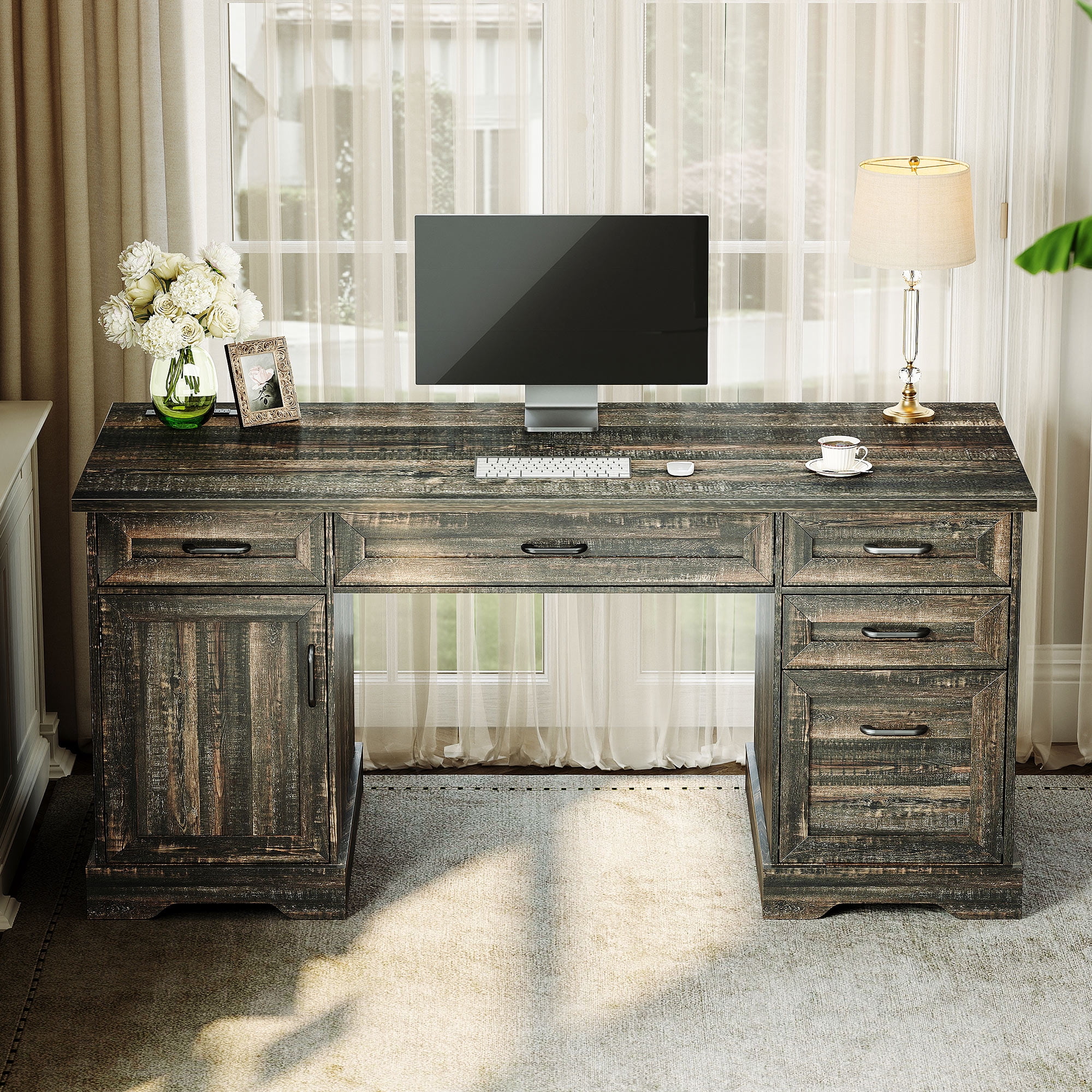 Casacomoda Home Office Desk with File Cabinet and Drawers, 59" Executive Desk with USB Power Outlet, Storage Cabinet for CPU, Workstation Table for Study, Dark Oak
