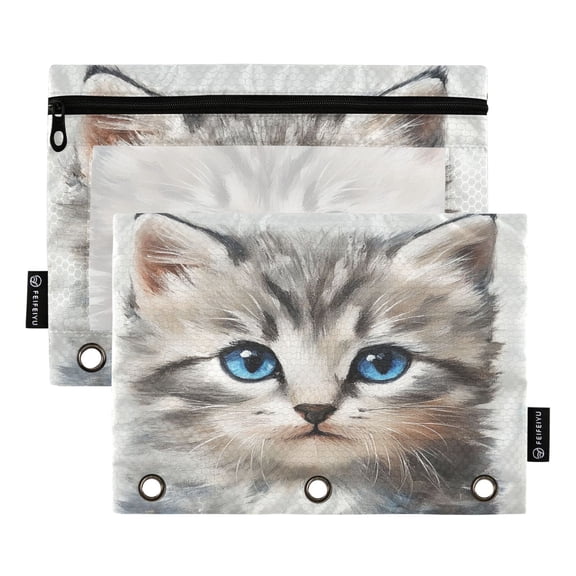 2 Pack Pencil Bag 9.84x6.1 Inch 3-Ring Page Turning Folder Zipper Pencil Case Pencil Bag Page Turning File Bag Cute Gray Cat