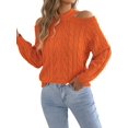 thumbnail image 2 of Women Cable Openwork Hollow Cut Out Cold Shoulder Crew Neck Long Sleeve Loose Pullover Sweater Orange XL, 2 of 9