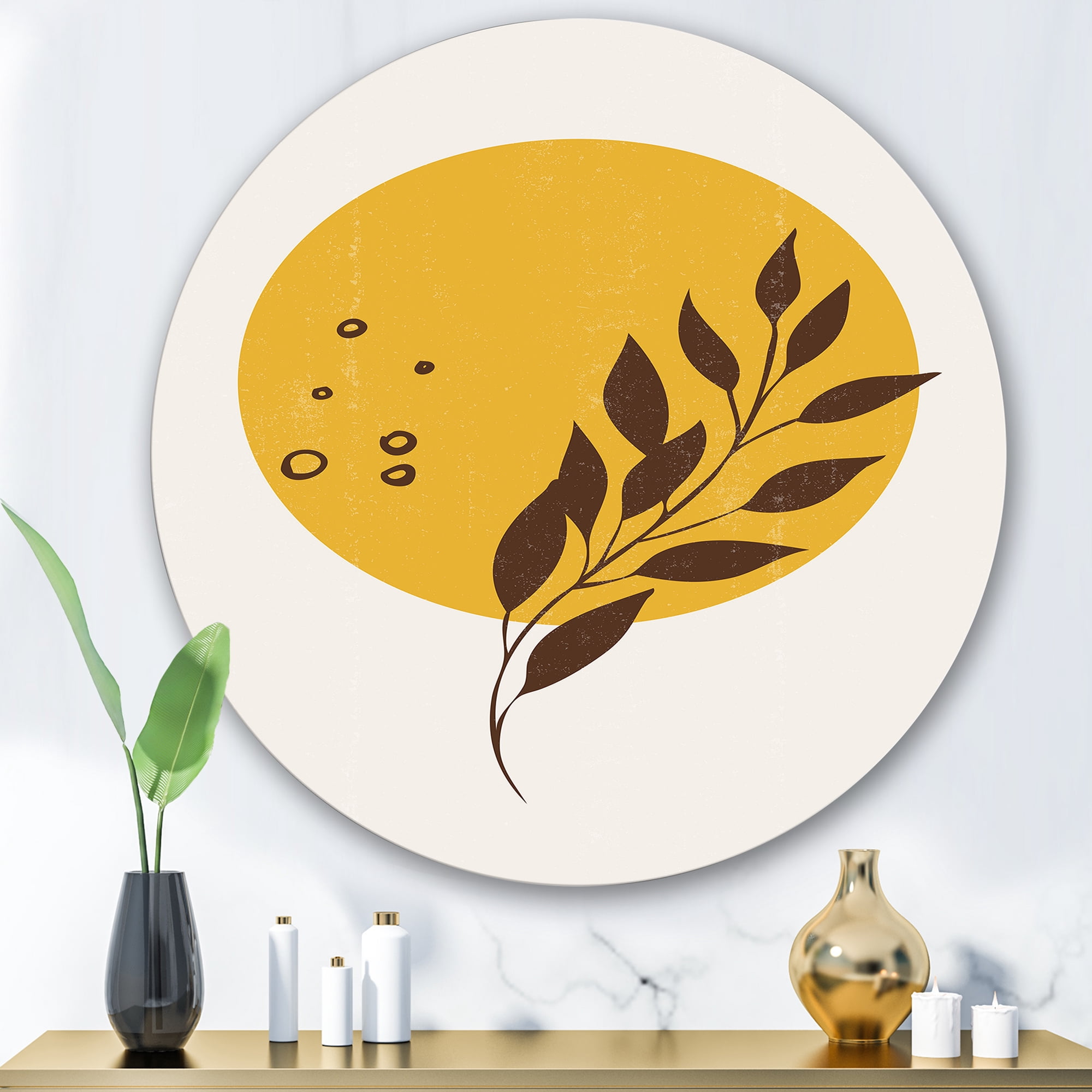 Designart 'Abstract Moon and Yellow Sun With Tropical Leaf II' Modern Circle Metal Wall Art 36x36 - Disc of 36