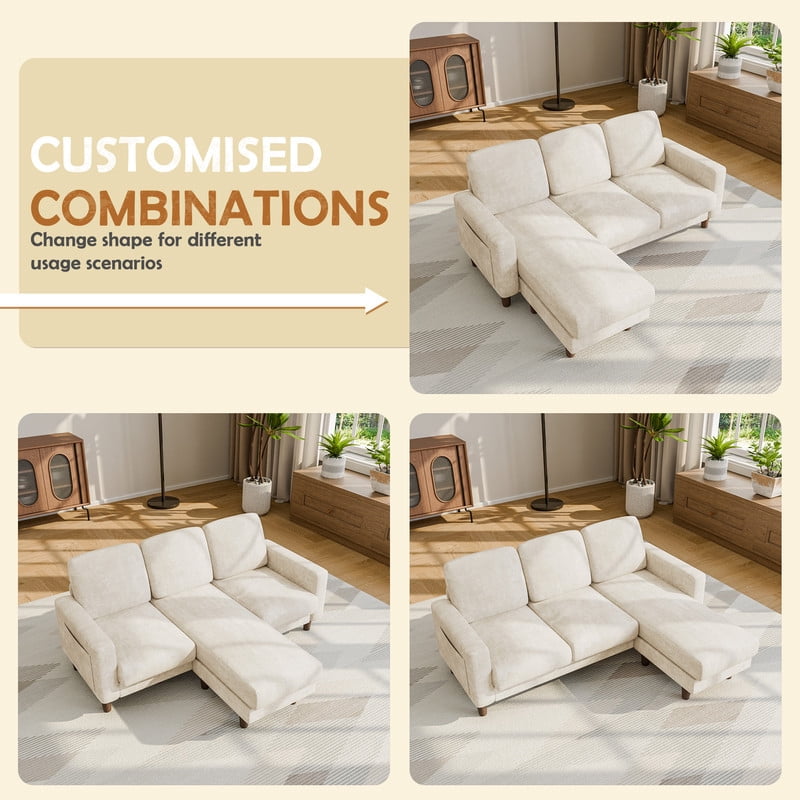 Lacoo 3 Seat Sectional Sofa L-Shaped Couch with Reversible Ottoman Convertible Cloud Couch for Living Room,White