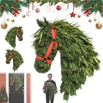 Handmade Equestrian Horse Head Wreath - Christmas Front Door Plastic Decor, Festive Horse Themed Holiday Decoration, Durable Wreath for Home Indoor Outdoor Christmas Decor, 16.54*12.99in, Green