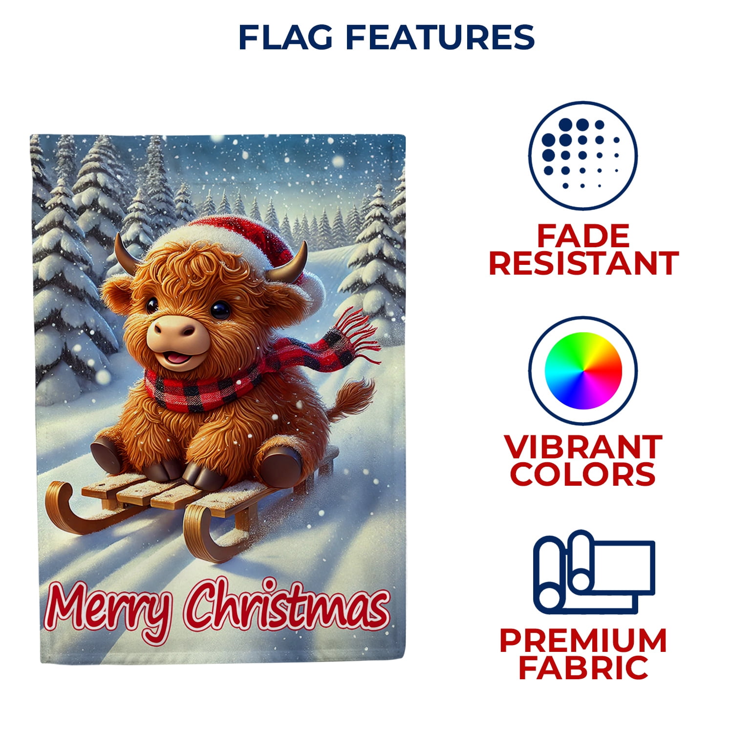 America Forever Highland Cow Sled House Flag, 28 x 40 inch Double Sided, Christmas Heifer Banner, Winter Plaid Scarf Snow Outdoor Decor, Holiday Outside Decorations Yard Flag