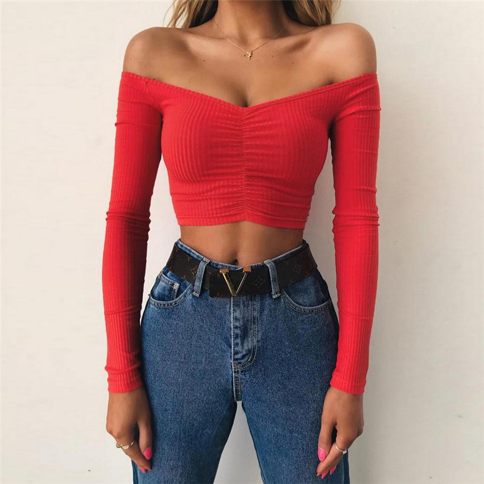 Women's Slash Neck Tops Solid Color Cropped Tops Fashion Slim Long Sleeve  Tops Street Sexy Party Tops - Walmart.com